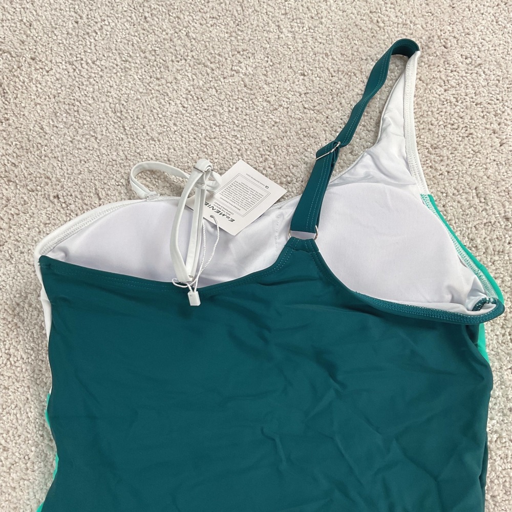 Eomenie Womens Med One Shoulder Colorblock Ruched One Piece Swimsuit Green White - Picture 6 of 10